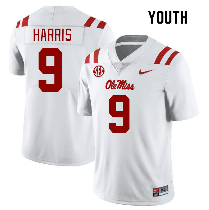 Youth #9 Tre Harris Ole Miss Rebels College Football Jerseys Stitched Sale-White - Click Image to Close
